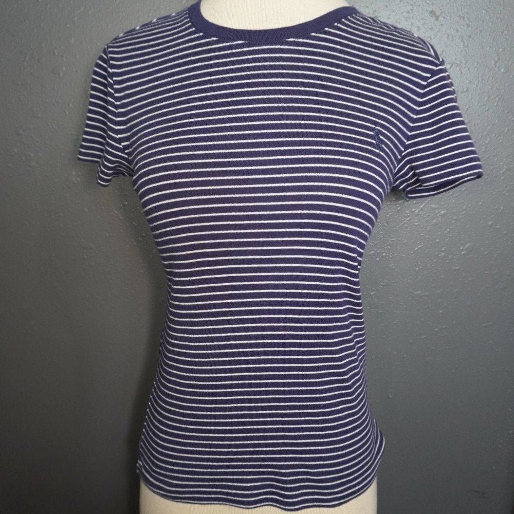 Polo Ralph Lauren Womens Navy Blue White Striped Short Sleeve Shirt Size Small